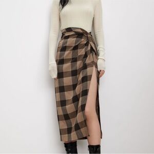 Zara Plaid Wrap Skirt with Thigh Split Black Tan